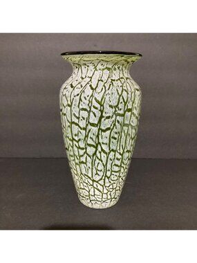 Hand Blown Green With White Crackle Overlay Vase